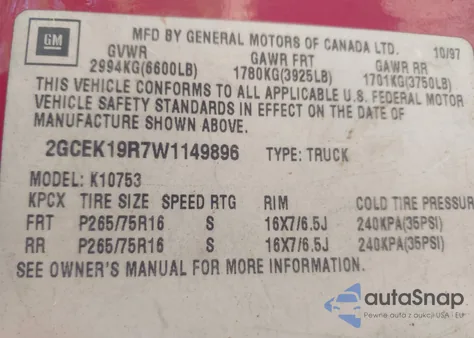 1998 Chevrolet K1500 Sportside from USA, damaged, VIN 2GCEK19R7W1149896